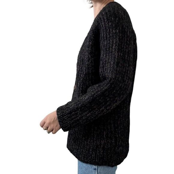 Vintage Womens Hand Knit Black Brown Marled 100% Wool Ribbed Chunky Cardigan - Picture 3 of 7